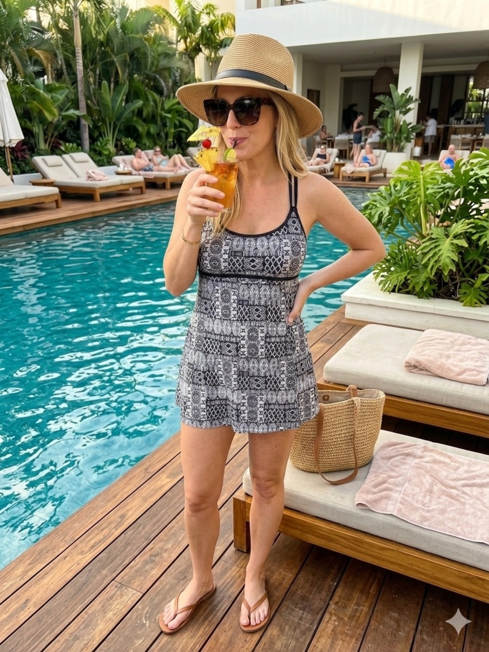 Black & White Printed Women’s Swimdress with Built-In Support